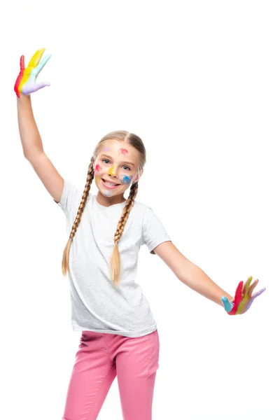 Усміхнений школяр стоїть з розфарбованими відкритими руками ізольовані на білому — стокове фото