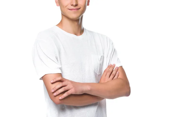Cropped image man in white shirt standing with crossed arms isolated on white — Stock Photo