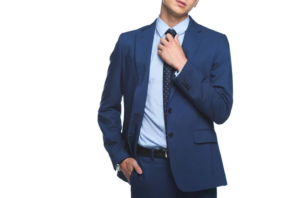 Cropped shot of young businessman in stylish blue jacket isolated on white — Stock Photo