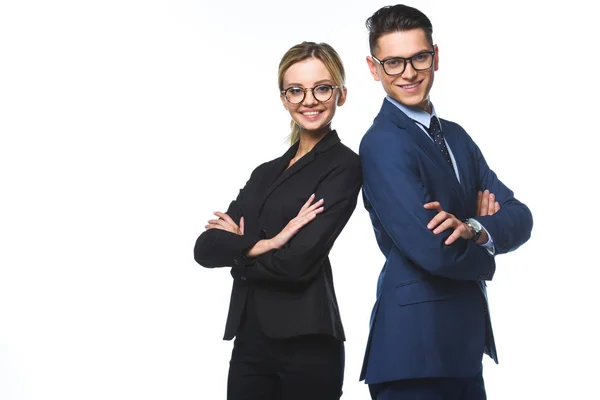 Happy young business partners with crossed arms looking at camera isolated on white — Stock Photo