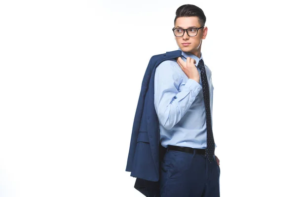 Beau jeune homme d'affaires avec veste sur l'épaule regardant loin isolé sur blanc — Photo de stock