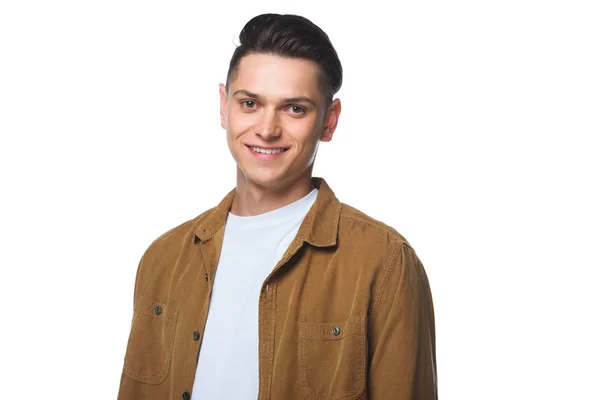 Handsome young man in stylish shirt looking at camera isolated on white — Stock Photo