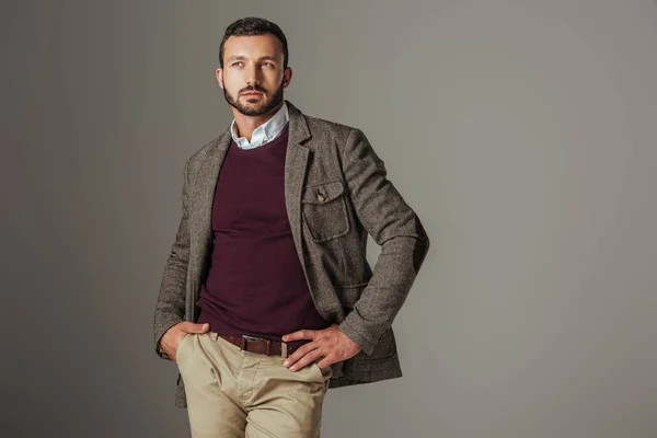 Elegante homem elegante posando no outono tweed jaqueta, isolado em cinza — Fotografia de Stock