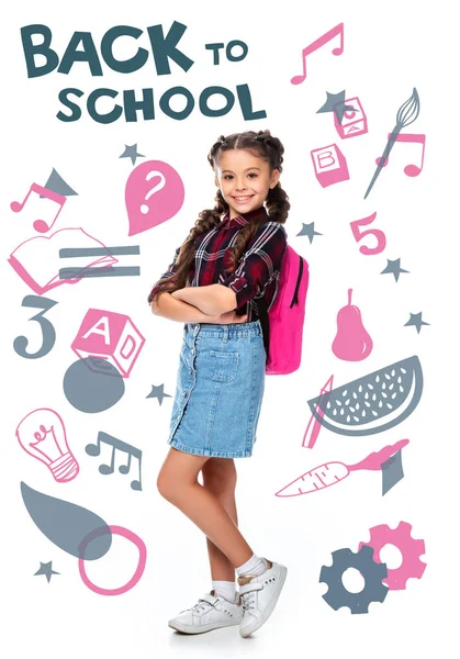 Schoolchild with pink backpack standing with crossed arms isolated on white, with icons and 