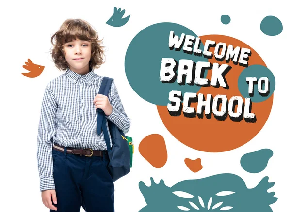 Schoolboy holding backpack and looking at camera isolated on white, with 