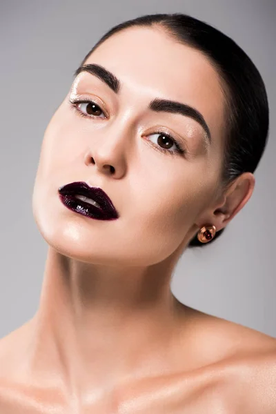 Portrait of beautiful stylish model with black lips, isolated on grey — Stock Photo