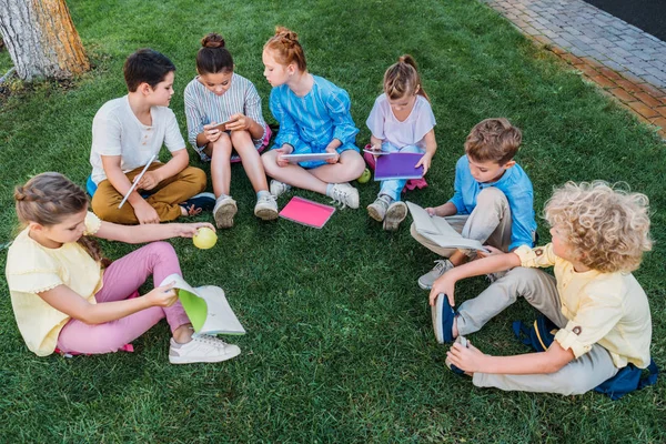 Высокий угол обзора группы очаровательных школьников, сидящих на траве с книгами и устройствами — стоковое фото