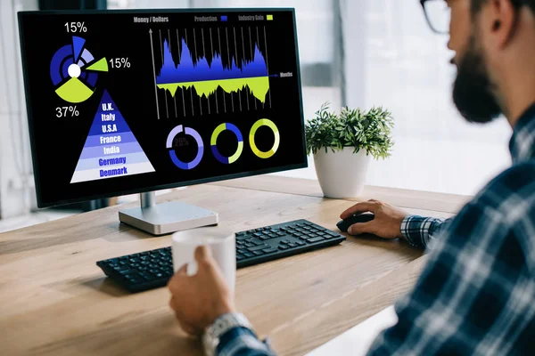 Abgeschnittene Aufnahme eines Mannes mit Tasse Kaffee am Computer mit Statistikdiagrammen auf dem Bildschirm — Stockfoto