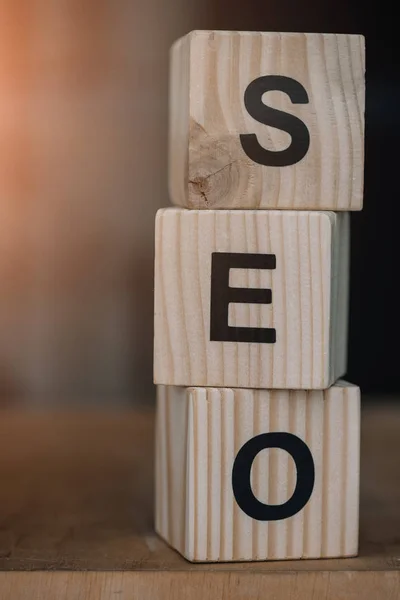 Close up of wooden blocks making SEO word. Search engine optimization — Stock Photo