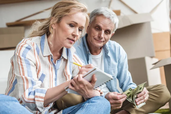 Focused senior couple taking notes and counting money while moving home — Stock Photo