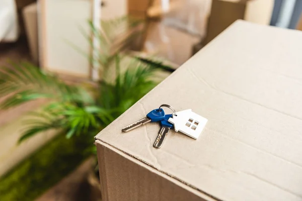 Close-up view of keys from new house on cardboard box during relocation — Stock Photo