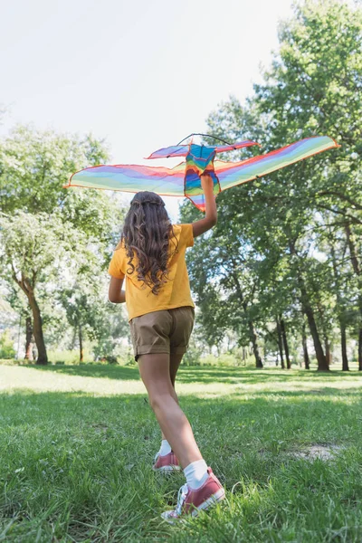 Вид ззаду мила дитина тримає барвистий повітряний змій і бігає на траві в парку — стокове фото