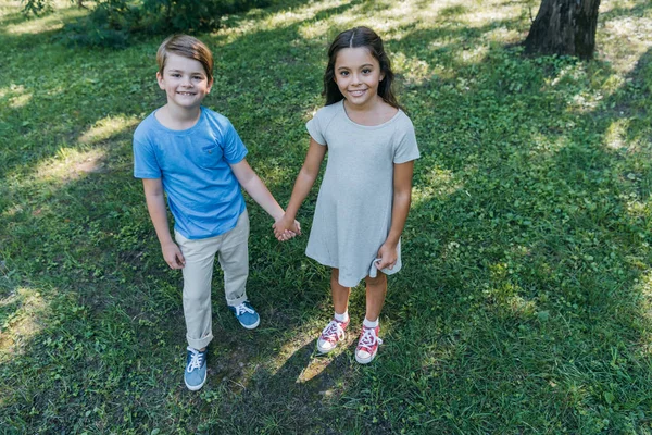 Vista de ángulo alto de niños lindos tomados de la mano y sonriendo a la cámara en el parque - foto de stock