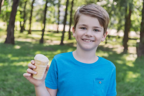 Cute happy boy holding ice cream and smiling at camera in park — Stock Photo
