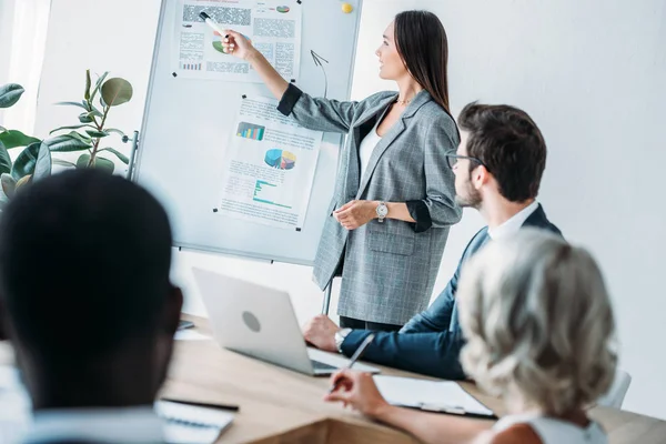 Asiatische Geschäftsfrau zeigt bei Projektpräsentation im Büro auf Flipchart — Stockfoto