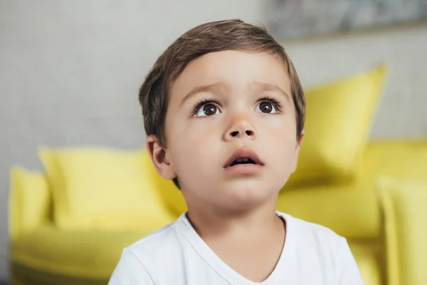 Portrait of adorable shocked boy at home — Stock Photo