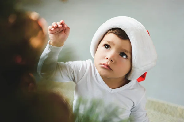 Adorable boy in santa hat decorating christmas tree — Stock Photo