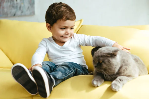 Masculino criança petting gato e sentado no sofá amarelo em casa — Fotografia de Stock