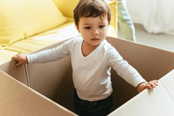 Adorável criança de pé em grande caixa de papelão em casa — Fotografia de Stock