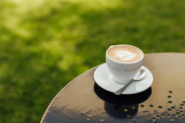 Чашка кофе с тарелкой и ложкой на деревянном столе в саду — стоковое фото