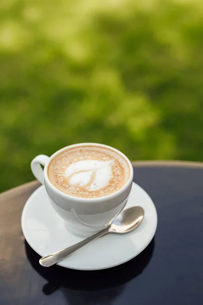 Tazza di cappuccino con piatto e cucchiaio sul tavolo di legno in giardino — Foto stock