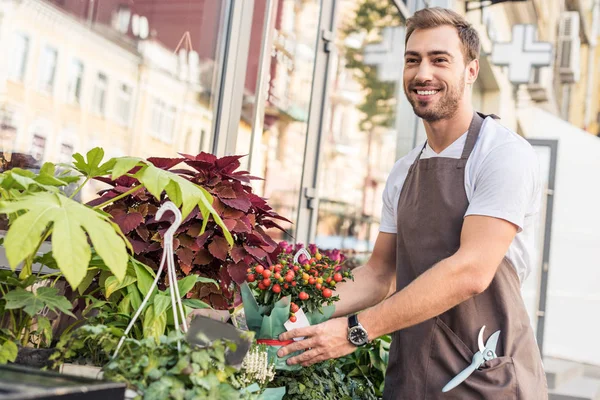 Schöner lächelnder Blumenhändler nimmt Topfpflanze mit roten Beeren in der Nähe von Blumenladen — Stockfoto