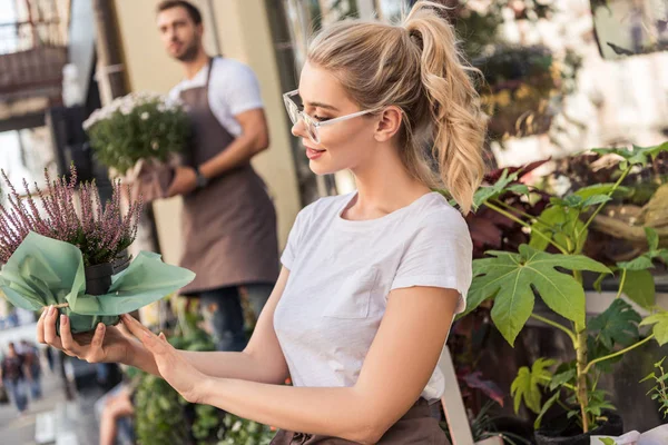Attractive florist checking potted salvia flowers near flower shop — Stock Photo