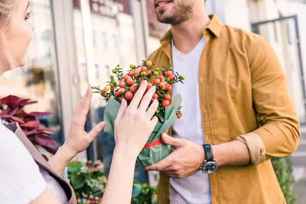 Imagen recortada de floristería que describe planta en maceta con bayas rojas al cliente cerca de la tienda de flores - foto de stock