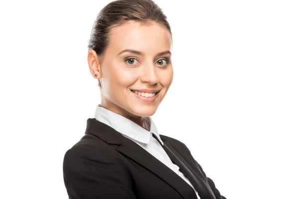 Primer plano retrato de feliz joven mujer de negocios en traje mirando cámara aislada en blanco - foto de stock