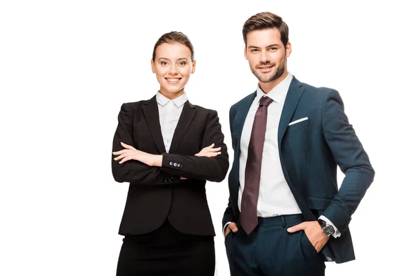 Happy young business partners looking at camera isolated on white — Stock Photo