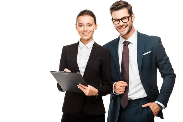 Happy young business partners with clipboard looking at camera isolated on white — Stock Photo