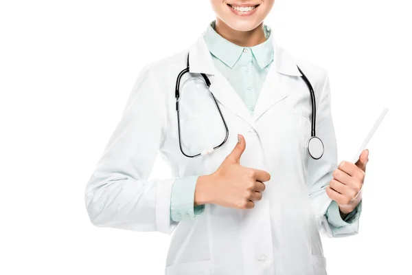 Partial view of female doctor holding digital tablet and doing thumb up gesture isolated on white — Stock Photo