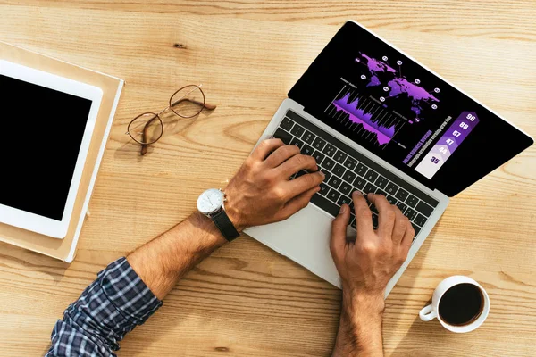 Vue partielle de l'homme d'affaires travaillant sur ordinateur portable à la table avec tablette et tasse de café — Photo de stock