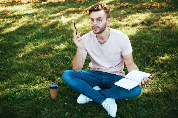 Handsome pensive man holding notebook and pen on green grass in park — Stock Photo