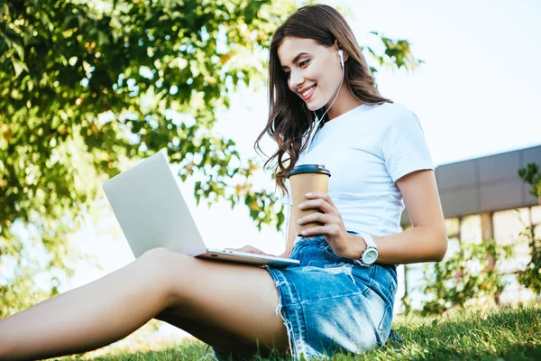 Seitenansicht des lächelnden schönen Mädchens, das an einem Webinar mit Laptop im Park teilnimmt — Stockfoto