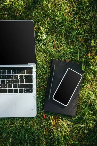 Top view of digital devices with blank screens on green grass in park — Stock Photo