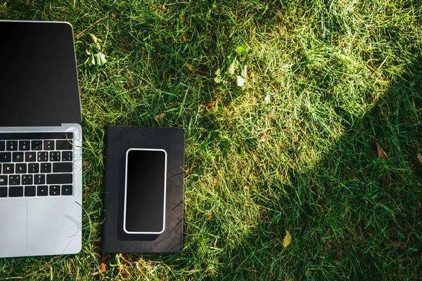 Erhöhte Ansicht der Geräte mit leeren Bildschirmen auf grünem Gras im Park — Stockfoto