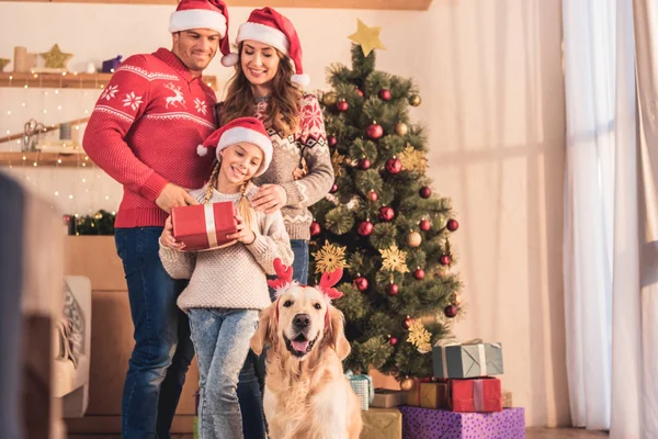 Famille souriante dans des chapeaux de Père Noël avec chien dans des cornes de cerf debout près de l'arbre de Noël avec des boîtes-cadeaux — Photo de stock