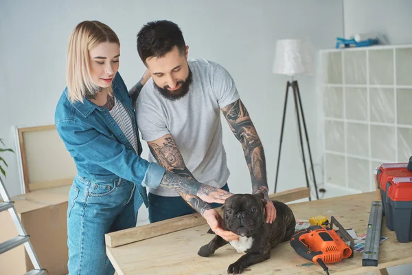 Счастливая молодая пара играет с собакой во время ремонта дома — стоковое фото
