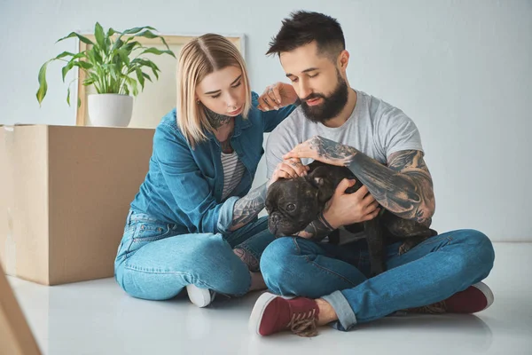 Junges tätowiertes Paar sitzt auf dem Boden und spielt mit Hund in neuem Haus — Stockfoto