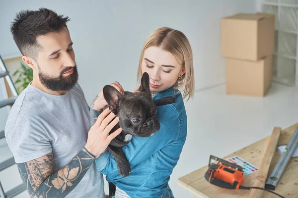 Retrato de pareja tatuada con bulldog francés en casa nueva - foto de stock