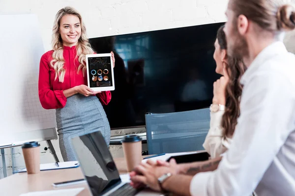 Empresária mostrando tablet nas mãos de colegas durante reunião no escritório — Fotografia de Stock