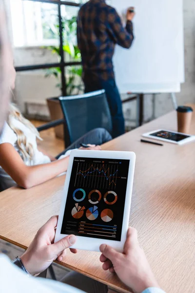 Abgeschnittene Aufnahme eines Geschäftsmannes mit digitalem Tablet mit Grafiken auf dem Bildschirm während eines Geschäftstreffens — Stockfoto