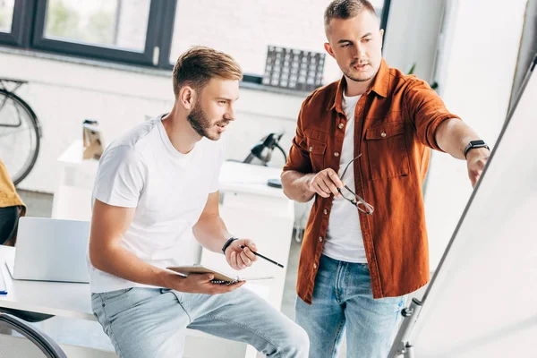 Erfolgreiche Jungunternehmer schauen im Büro auf Whiteboard — Stockfoto