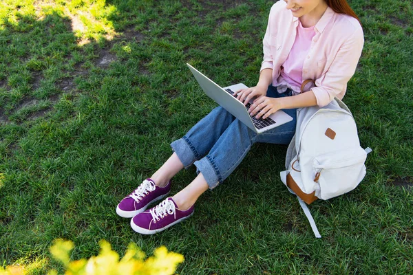 Cropped image of freelancer using laptop on green grass in park — Stock Photo