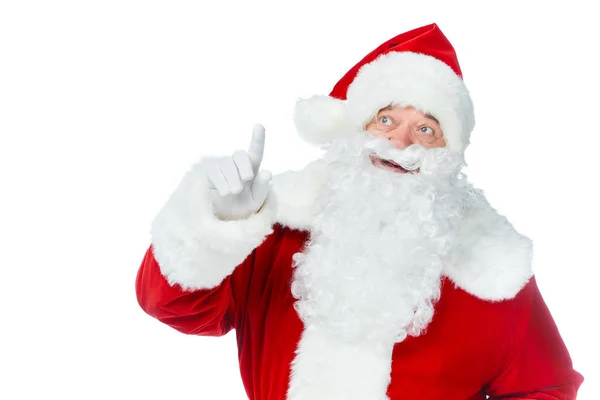 Papai Noel apontando para cima e tendo ideia isolada no branco — Fotografia de Stock