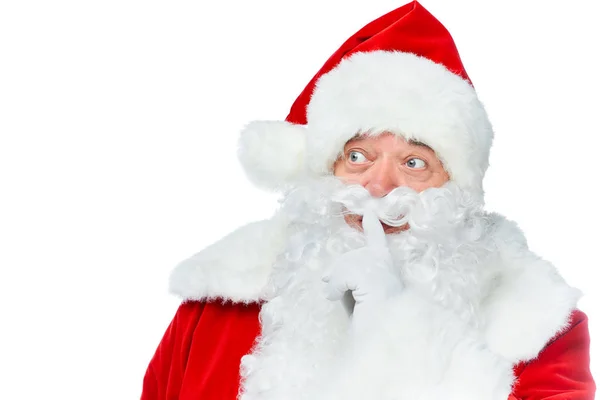 Weihnachtsmann zeigt Schweigesymbol isoliert auf weißem Grund — Stockfoto