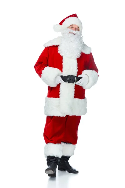 Happy santa claus posing in red costume isolated on white — Stock Photo