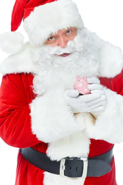 Бородатый Санта Клаус держит копилку со сбережениями, изолированными на белом — стоковое фото
