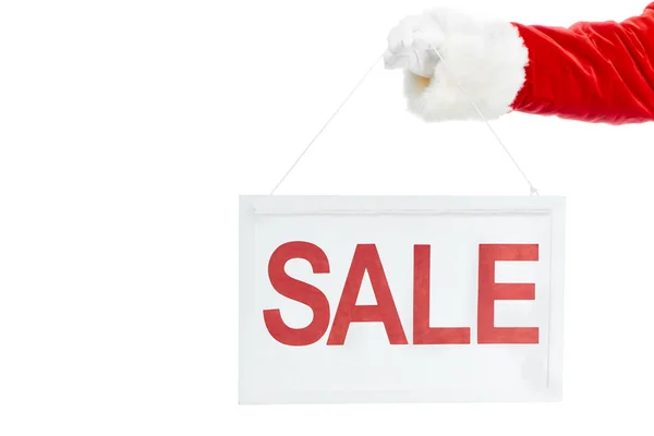 Vista ritagliata di Babbo Natale azienda bordo vendita isolato su bianco — Foto stock